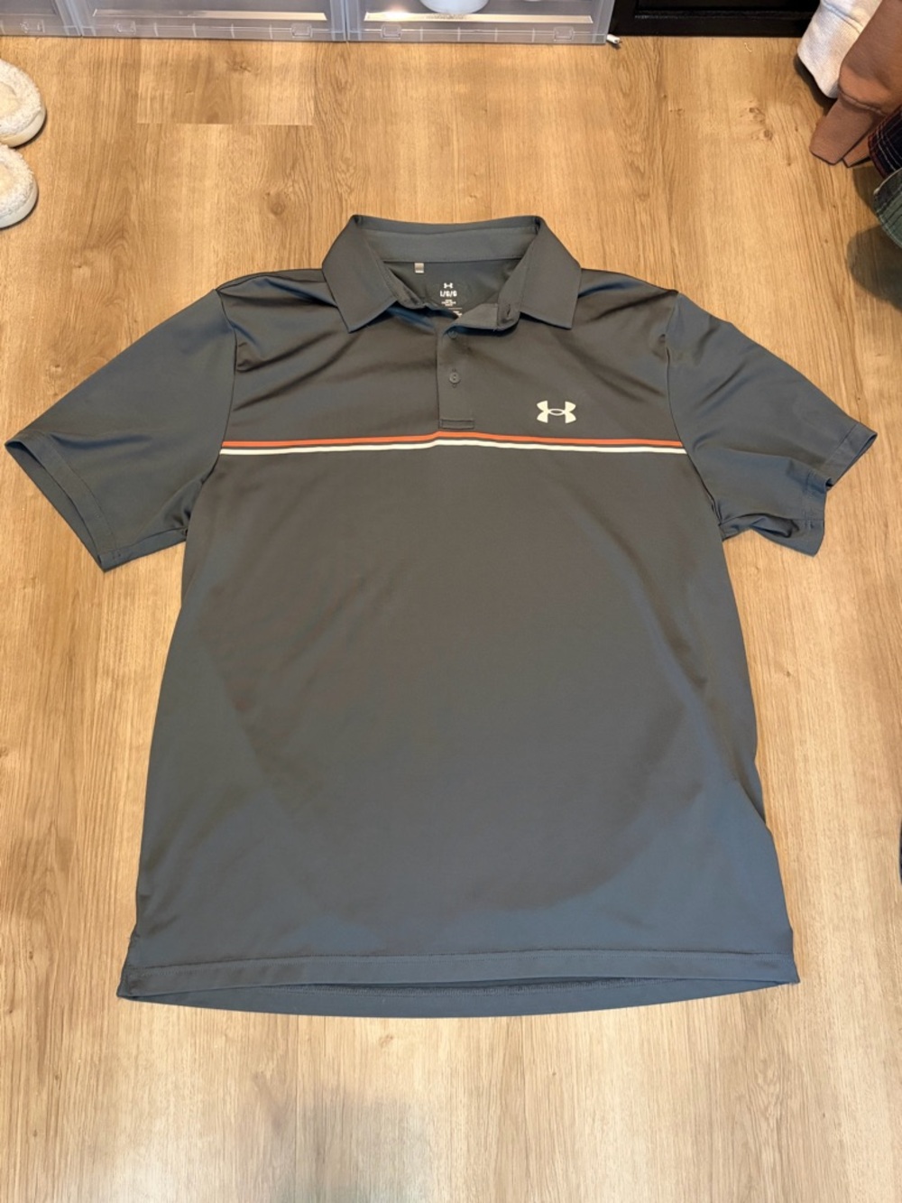 Under Armour Men’s Charcoal Polo with Red and White Chest Stripe